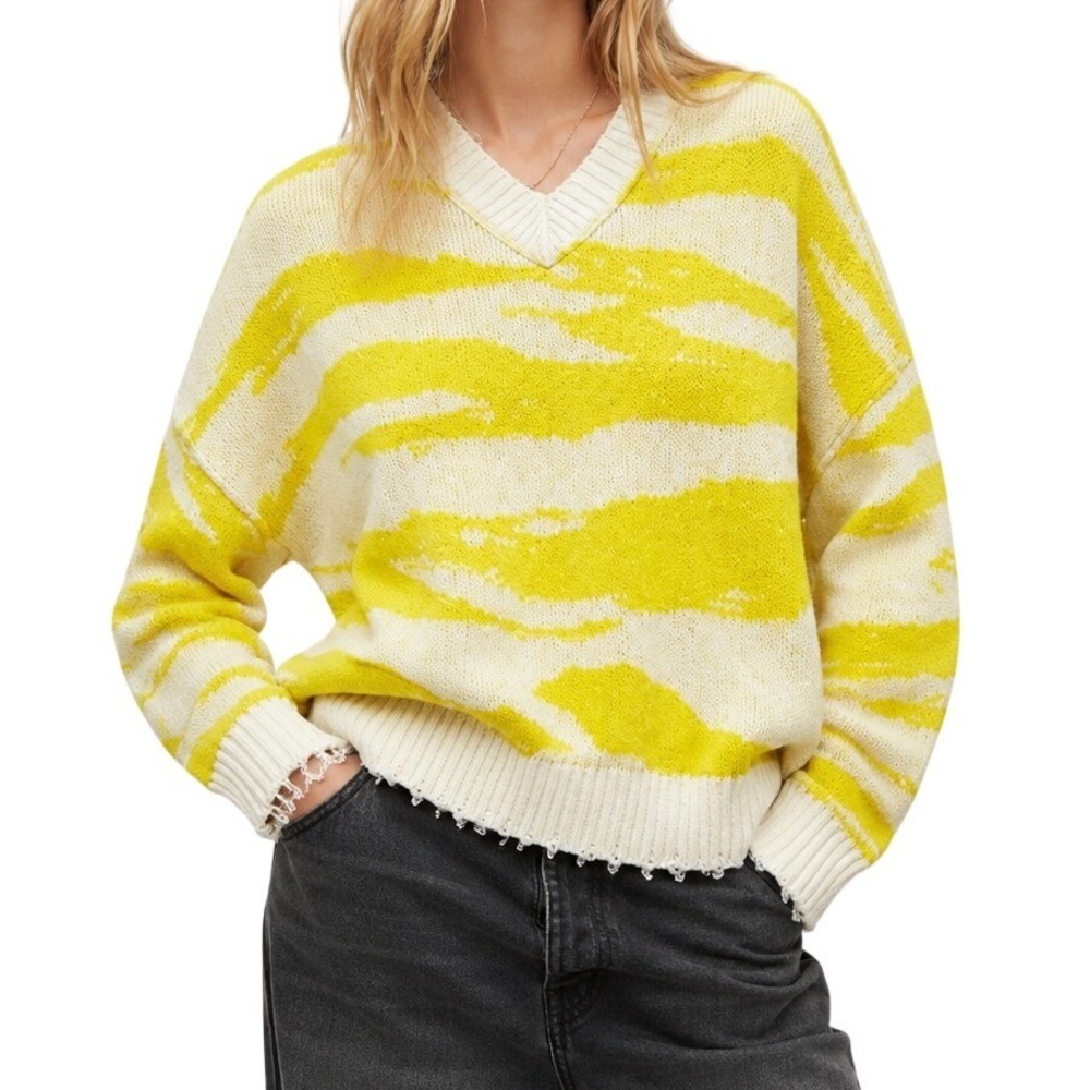 AllSaints Neon Yellow White Tiga V-Neck Sweater Women's Large‎